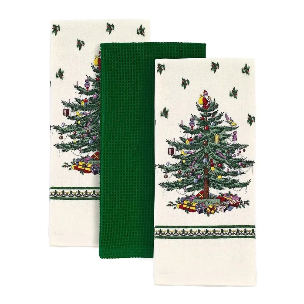 brand new Spode Whimsical Christmas Tree 3-piece Tea Towel Set in Green